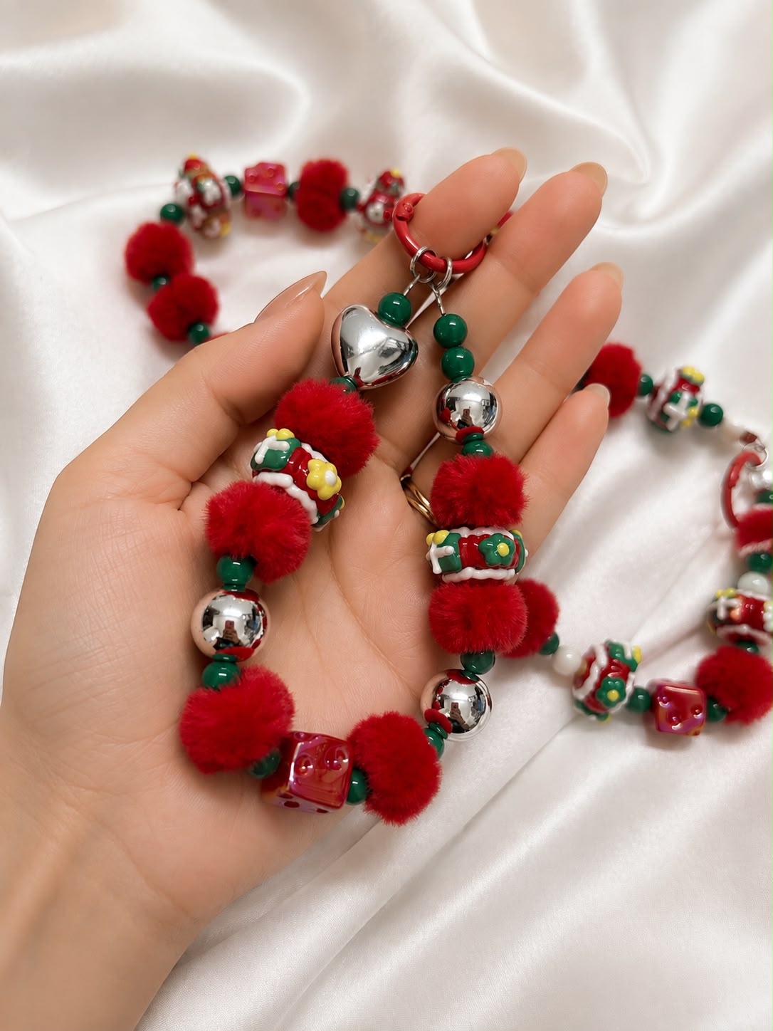 Christmas Pom-Pom Bag Charm - flat lay