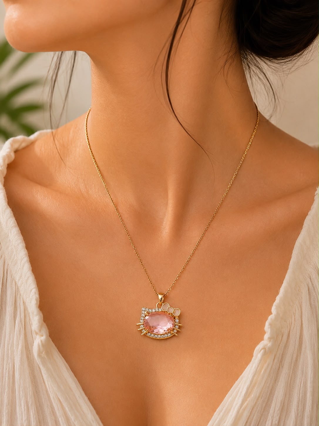 Pink Crystal Cat Pendant Necklace