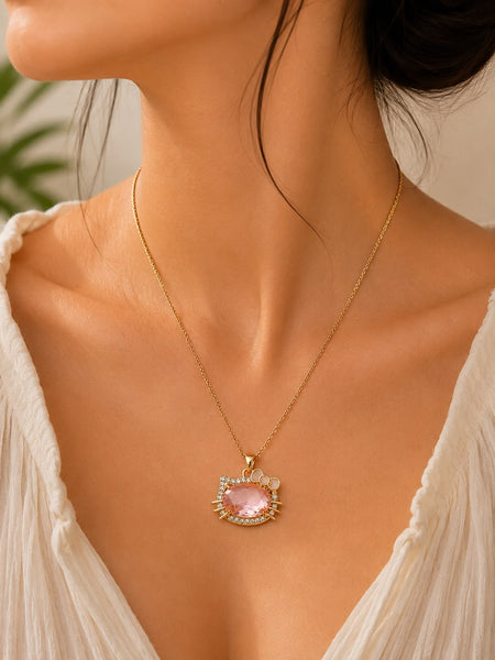 Pink Crystal Cat Pendant Necklace