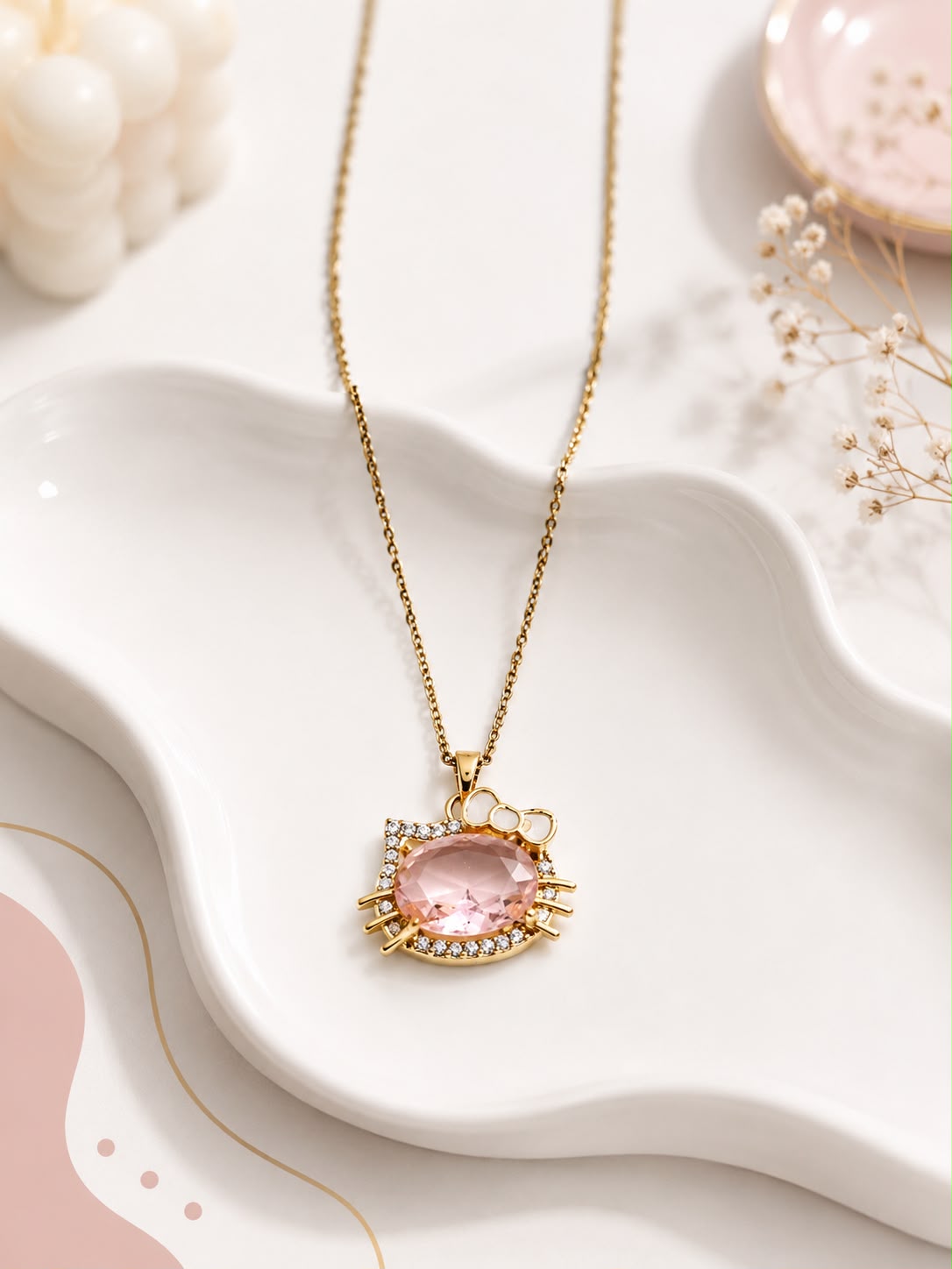 Pink Crystal Cat Pendant Necklace