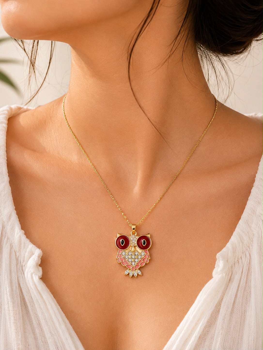 Ruby Owl Enamel Pendant Necklace