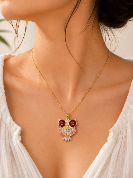 Ruby Owl Enamel Pendant Necklace