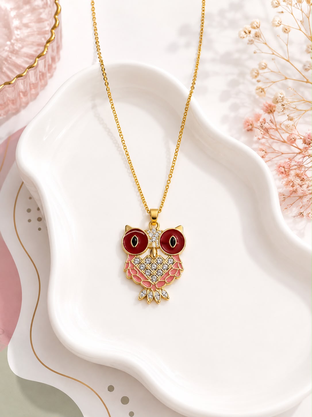 Ruby Owl Enamel Pendant Necklace