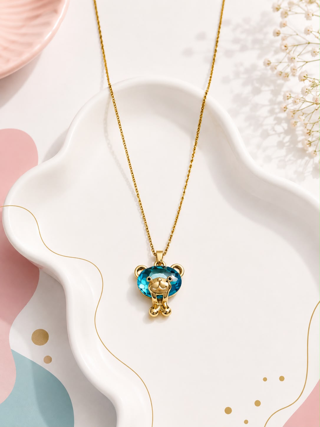 Blue Crystal Bear Pendant Necklace
