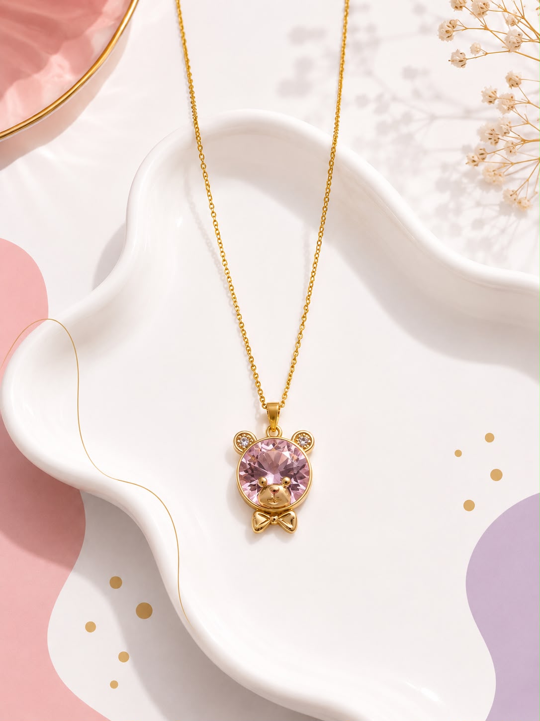 Pink Crystal Bear Pendant Necklace