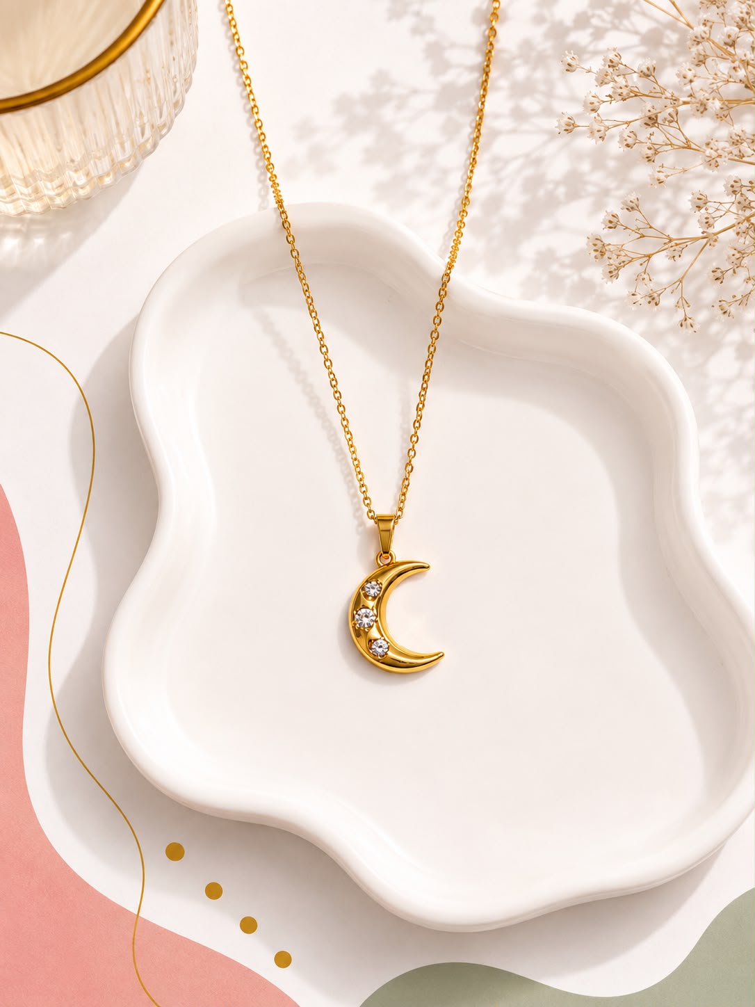 Crescent Moon Crystal Pendant Necklace