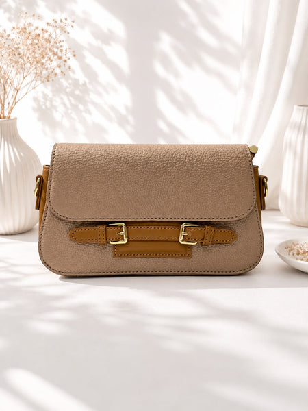 Pebbled Buckle-Strap Saddle Bag