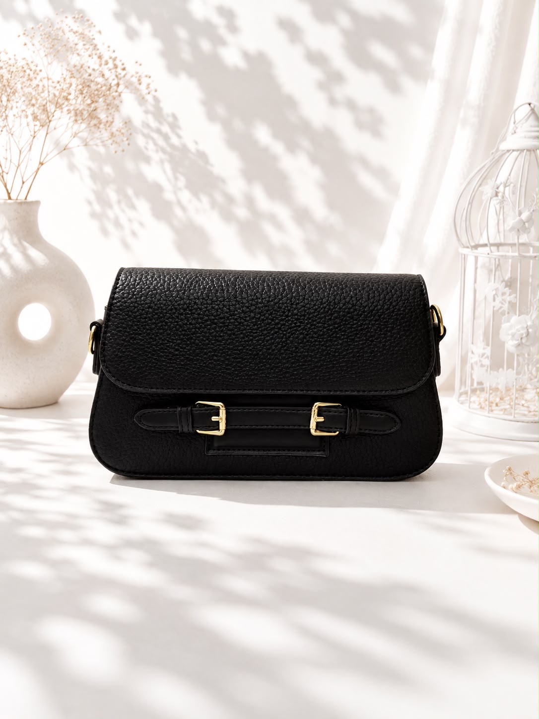 Pebbled Buckle-Strap Saddle Bag