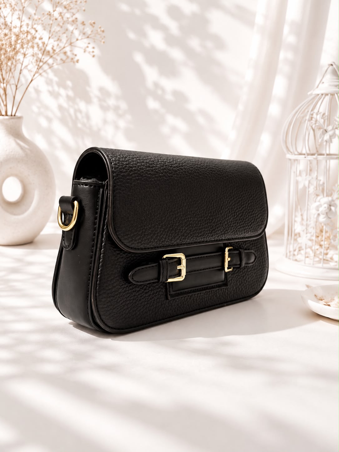 Pebbled Buckle-Strap Saddle Bag