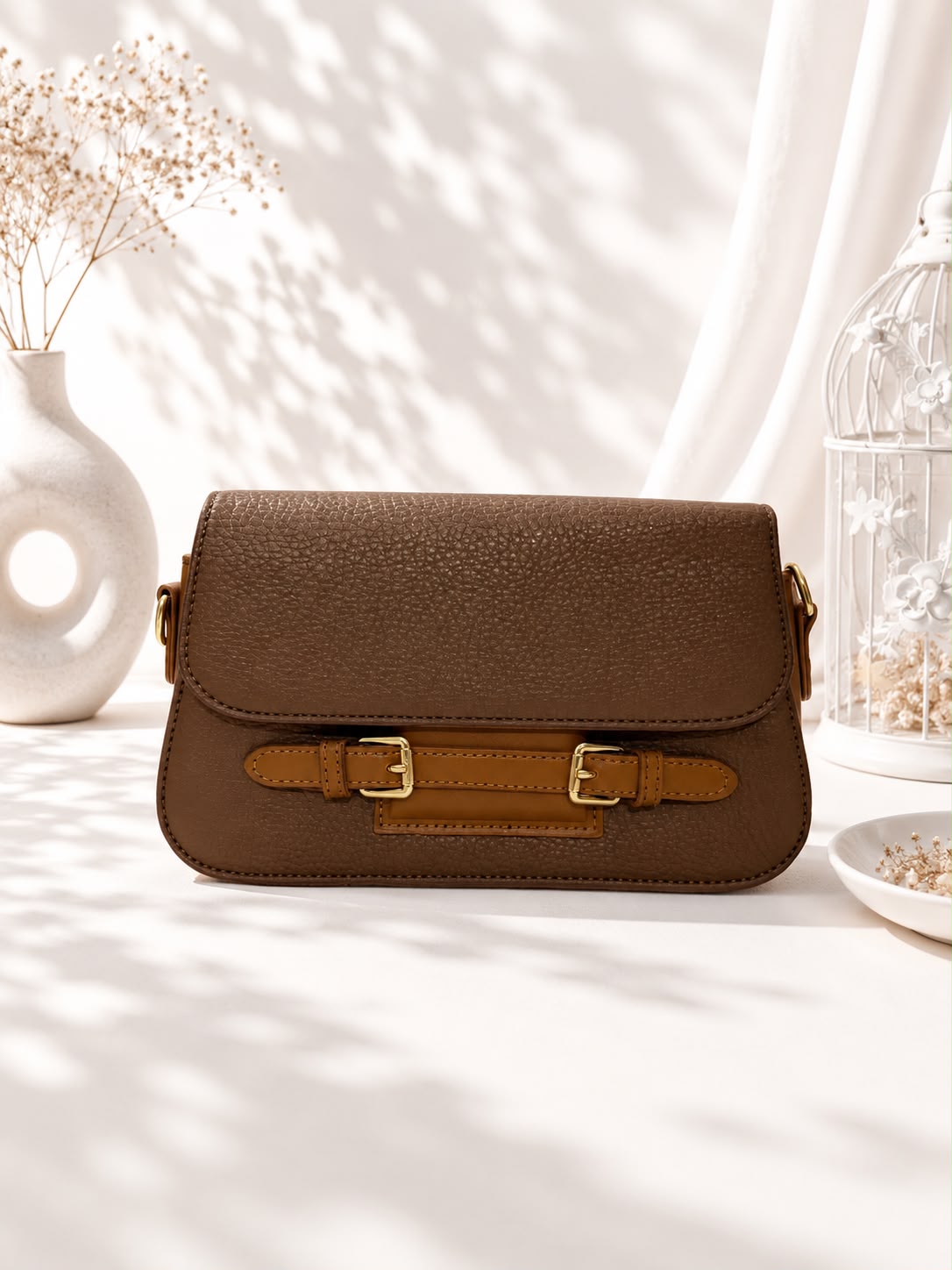 Pebbled Buckle-Strap Saddle Bag