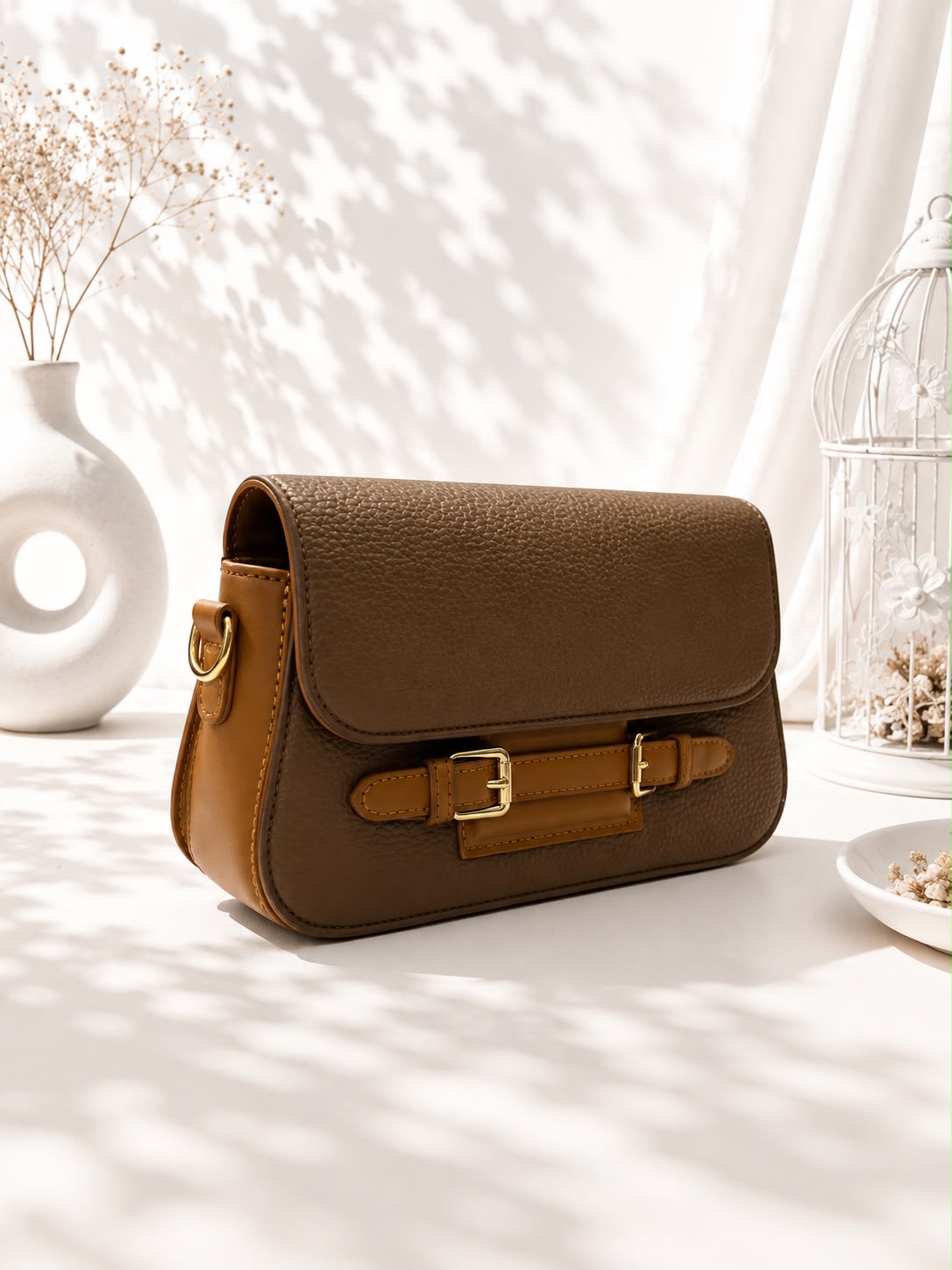 Pebbled Buckle-Strap Saddle Bag
