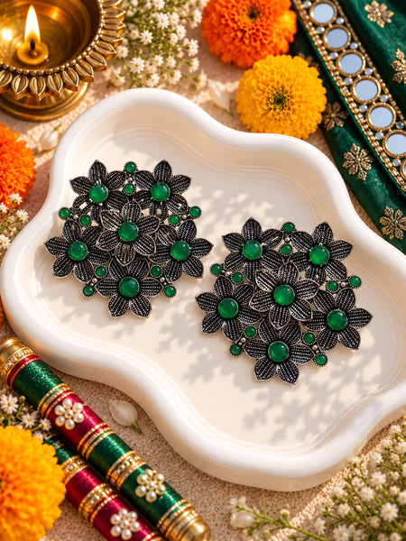 Oxidised Green Stone Floral Cluster Studs