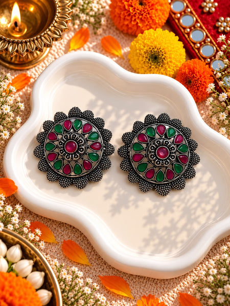 Oxidised Red Green Stone Floral Studs