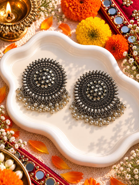 Oxidised Pearl Sunburst Jhumka Earrings