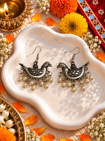 Oxidised Dove Pearl Fringe Earrings