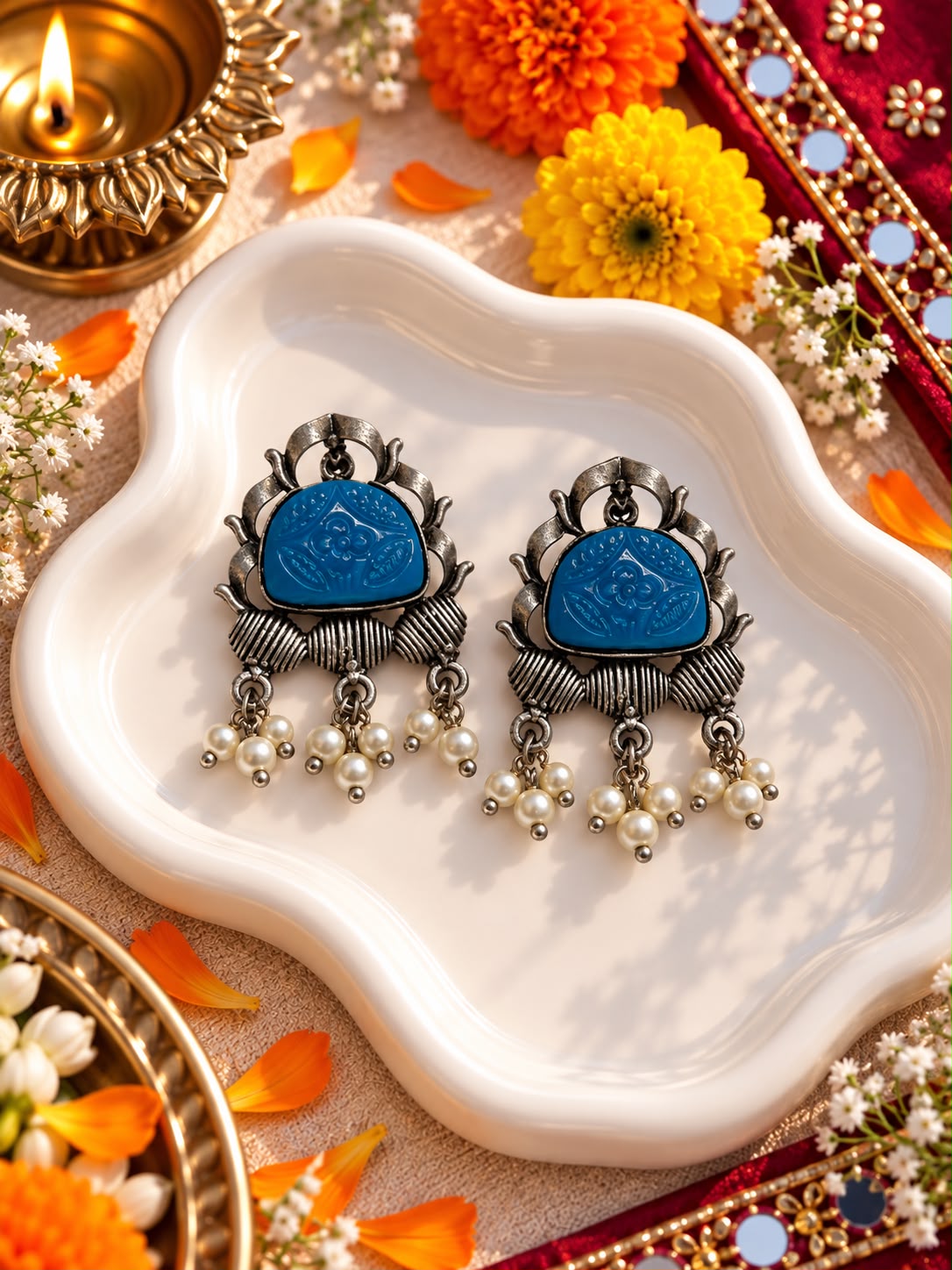 Oxidised Blue Stone Carved Drop Earrings