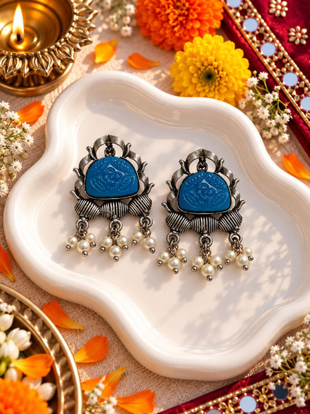 Oxidised Blue Stone Carved Drop Earrings