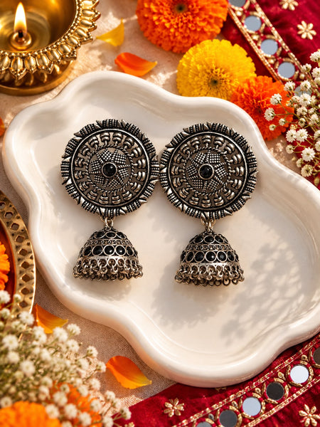 Oxidised Black Stone Medallion Jhumka Earrings