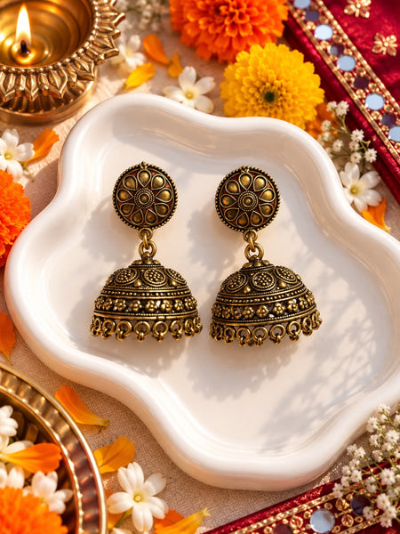 Antique Gold Floral Jhumka Earrings