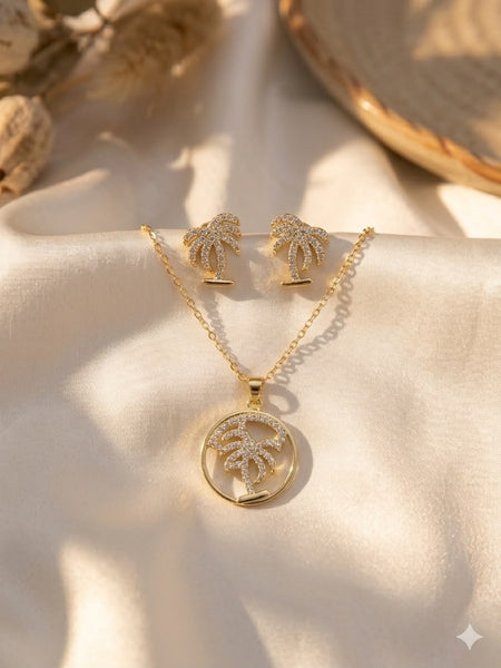 Palm tree CZ pendant necklace and stud earrings set in gold tone