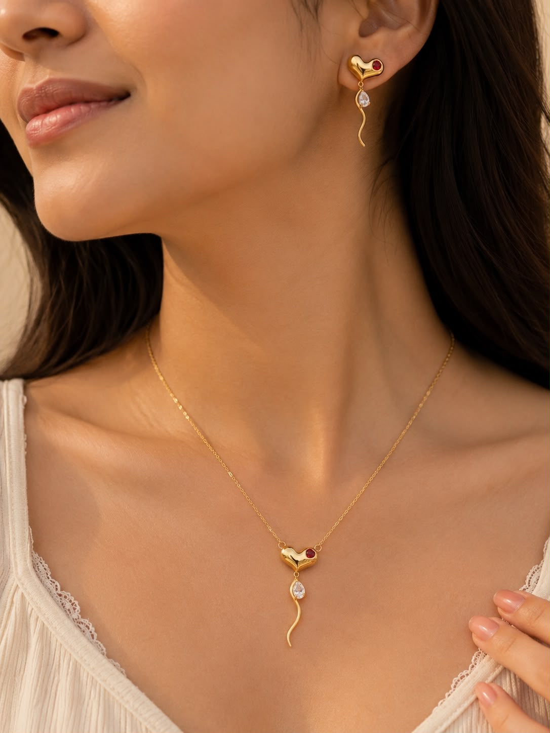 Ruby Accent & Teardrop Jewellery Set worn by model