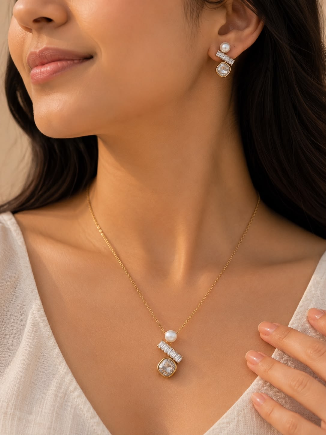 Pearl CZ Jewellery Set worn by model