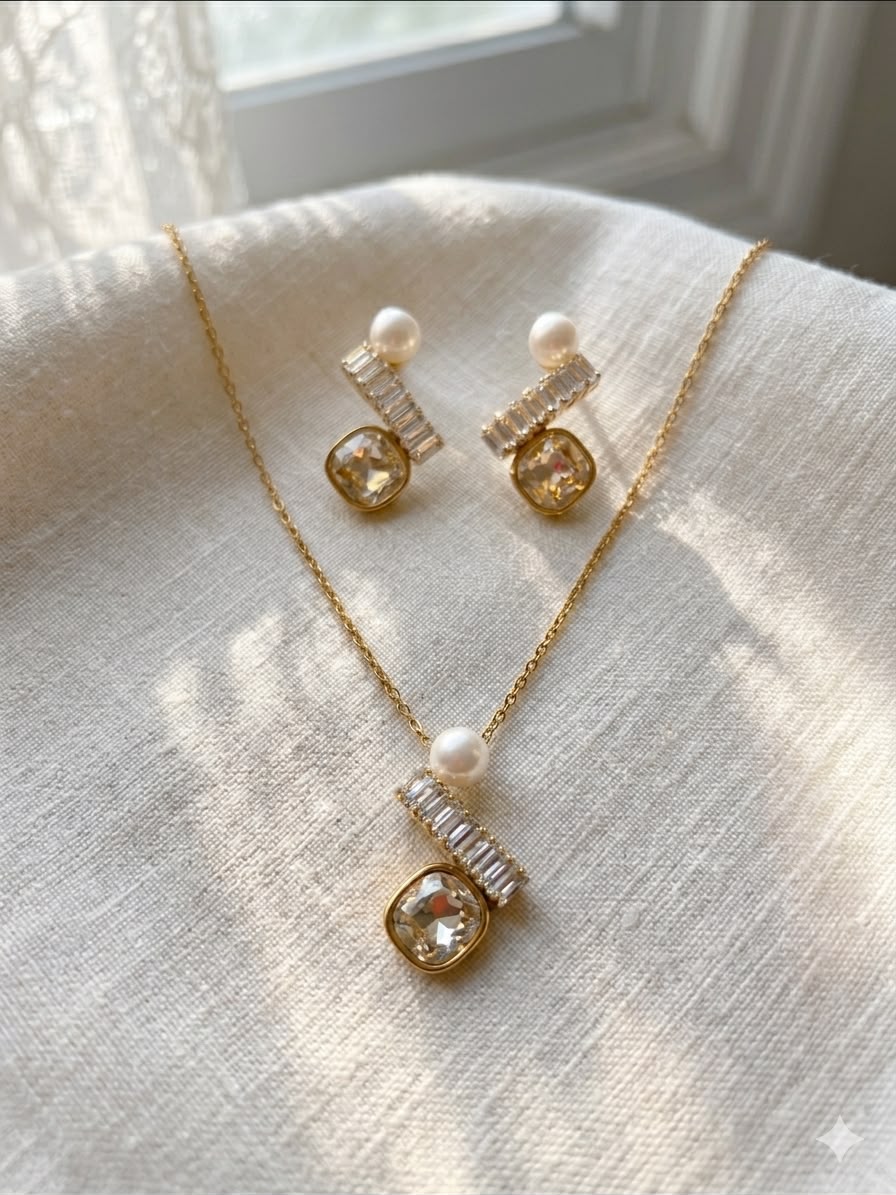 Pearl CZ Jewellery Set flat lay