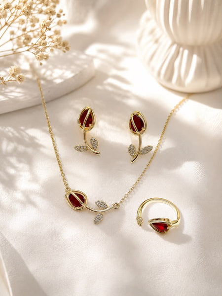 Ruby Rosebud Jewelry Set - flat lay with necklace, earrings and ring