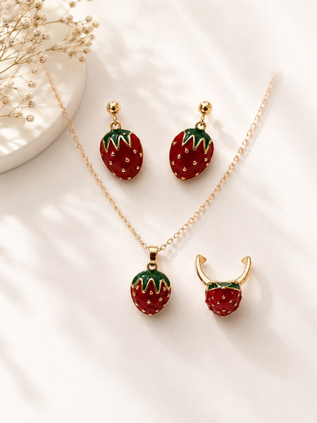 Enamel Strawberry Jewelry Set - flat lay with necklace, earrings and ring