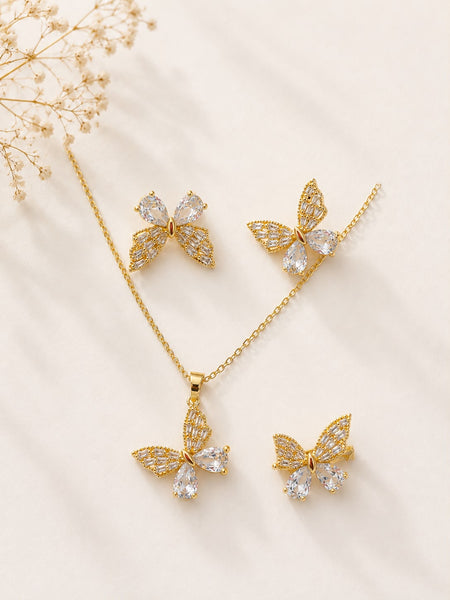 Crystal Butterfly Jewelry Set - flat lay with necklace, earrings and ring