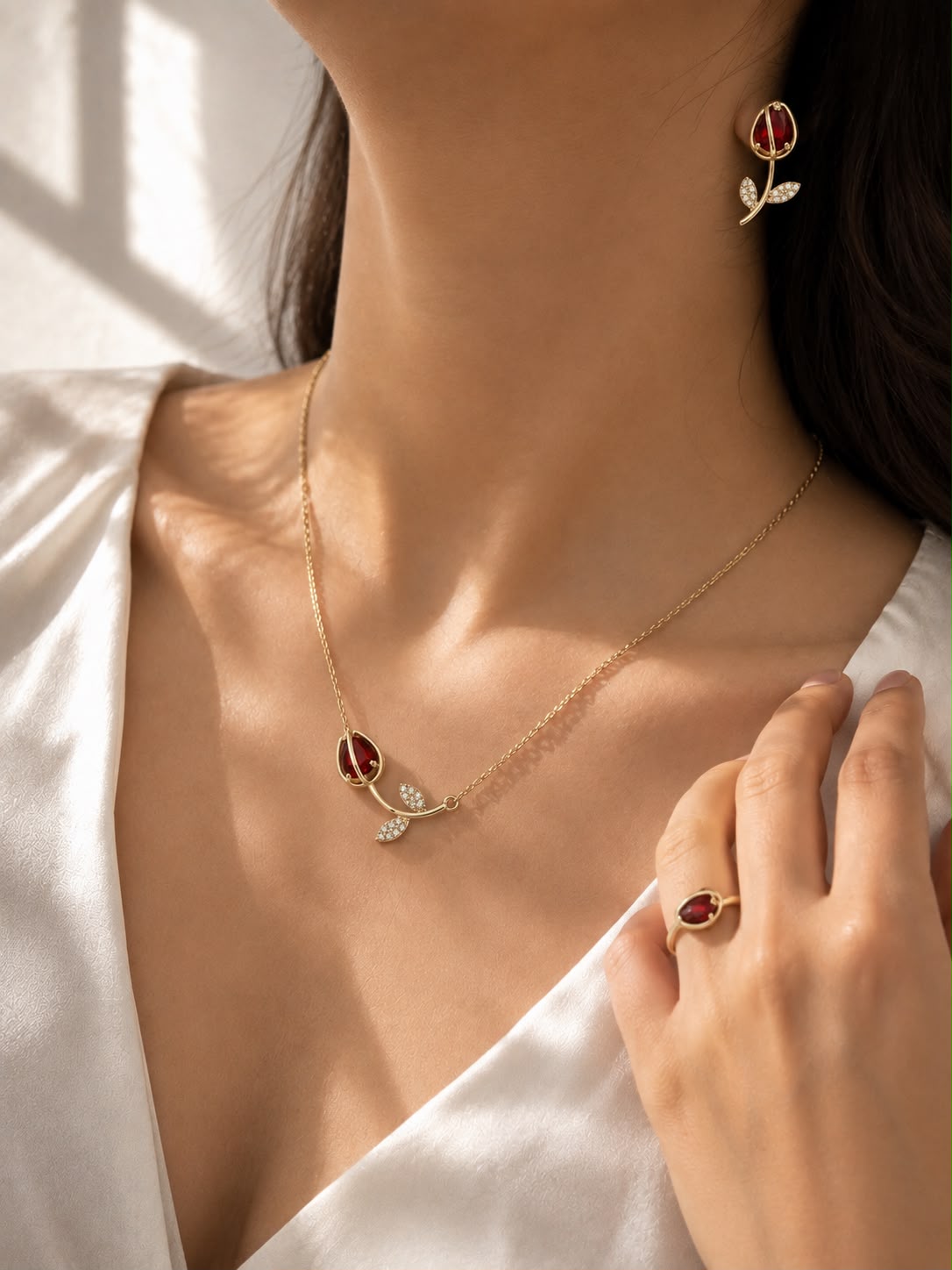 Ruby Rosebud Jewelry Set - model wearing necklace, earring and ring
