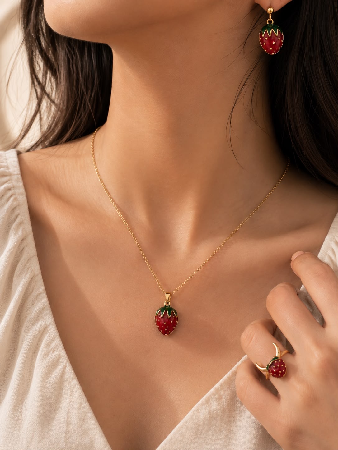 Enamel Strawberry Jewelry Set - model wearing necklace, earring and ring