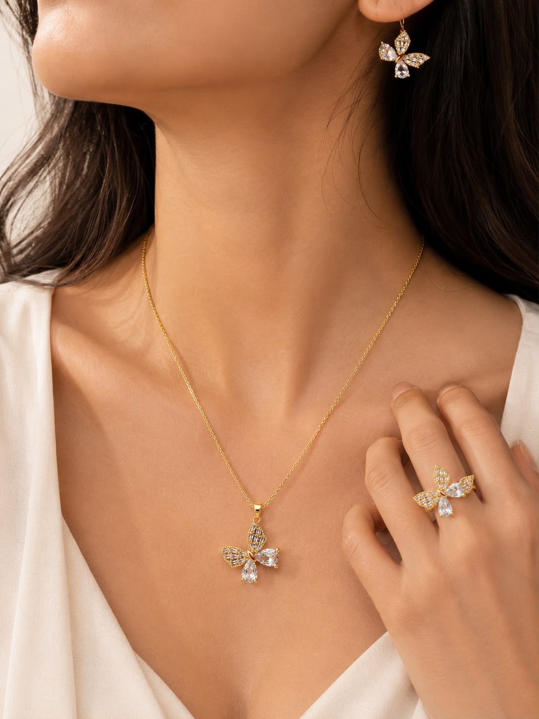 Crystal Butterfly Jewelry Set - model wearing necklace, earring and ring