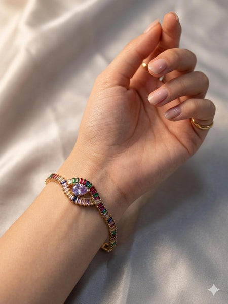 Rainbow Evil Eye Bangle Bracelet - gold with rainbow baguette crystals and lavender evil eye