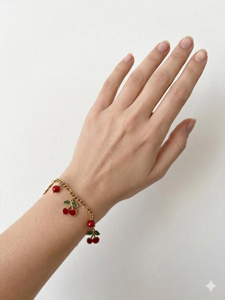 Cherry Bead Charm Bracelet - gold chain with red cherry charms and bead accents