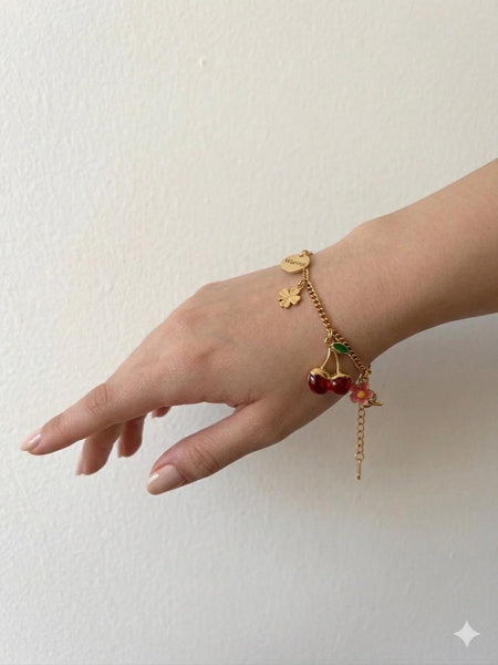 Cherry Blossom Charm Bracelet - gold chain with cherry, clover and flower charms