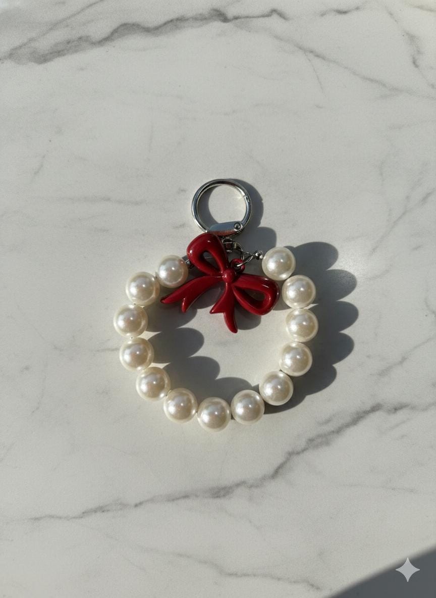 Pearl ring bag charm with glossy red enamel bow on marble surface