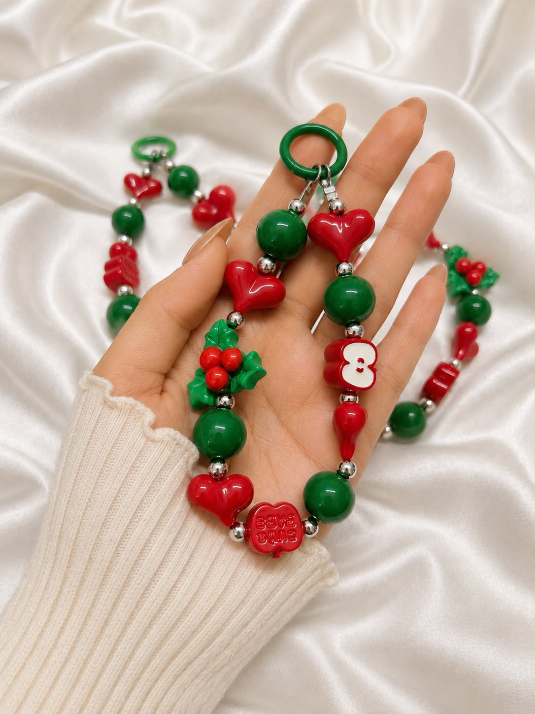 Heart & Holly Berry Beaded Bag Charm