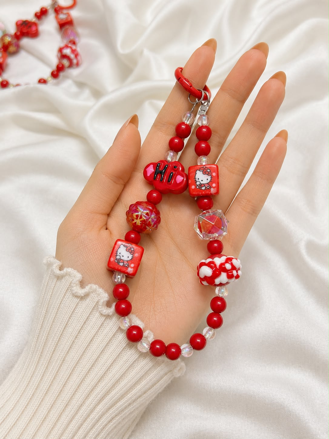 Red "Hi" Kitty-Print Cube Bag Charm