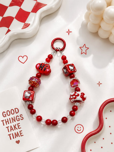 Red "Hi" Kitty-Print Cube Bag Charm