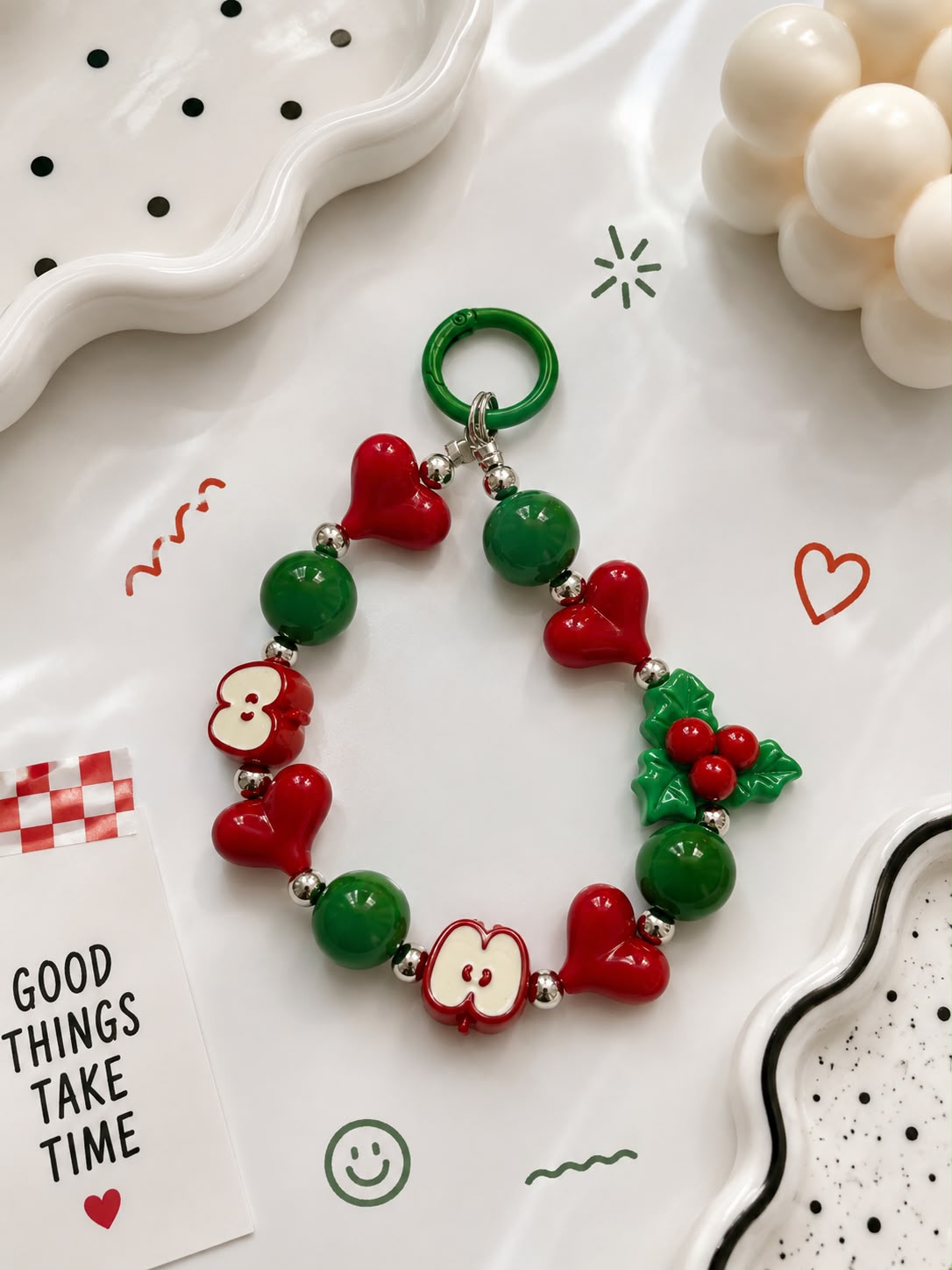 Heart & Holly Berry Beaded Bag Charm