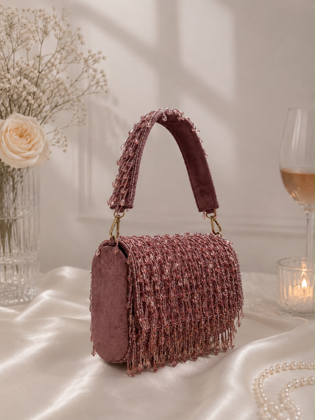 Beaded Fringe Top-Handle Bag - Mauve Pink - side view