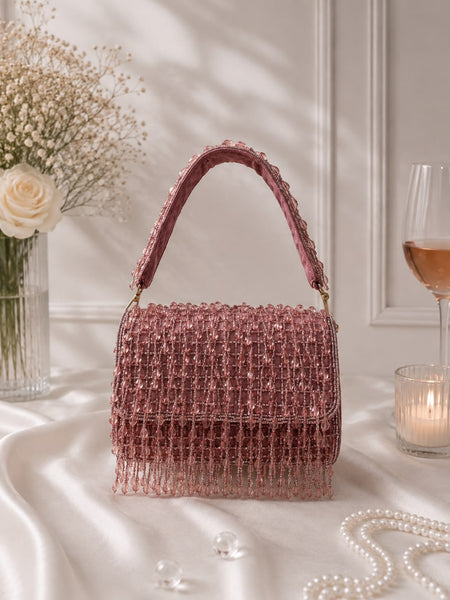 Beaded Fringe Top-Handle Bag - Mauve Pink - front view