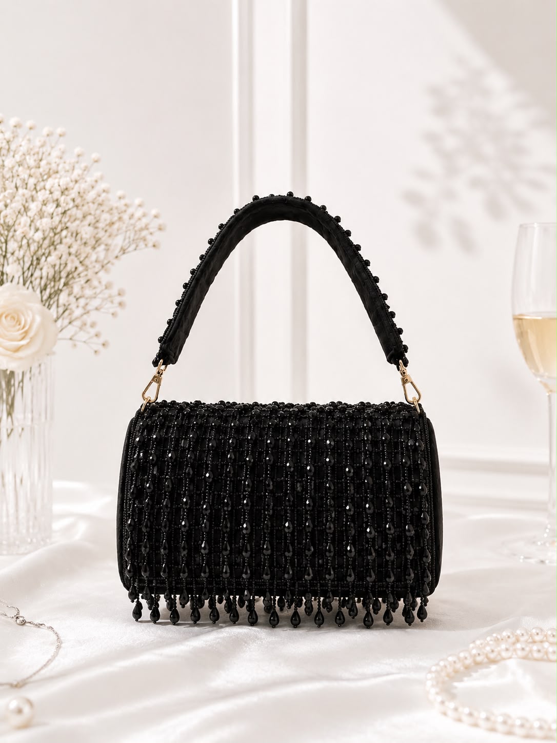 Beaded Fringe Top-Handle Bag - Black - front view
