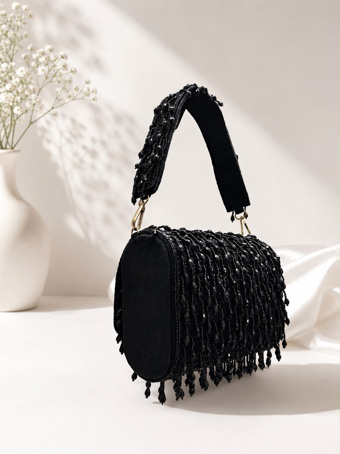 Beaded Fringe Top-Handle Bag - Black - side view