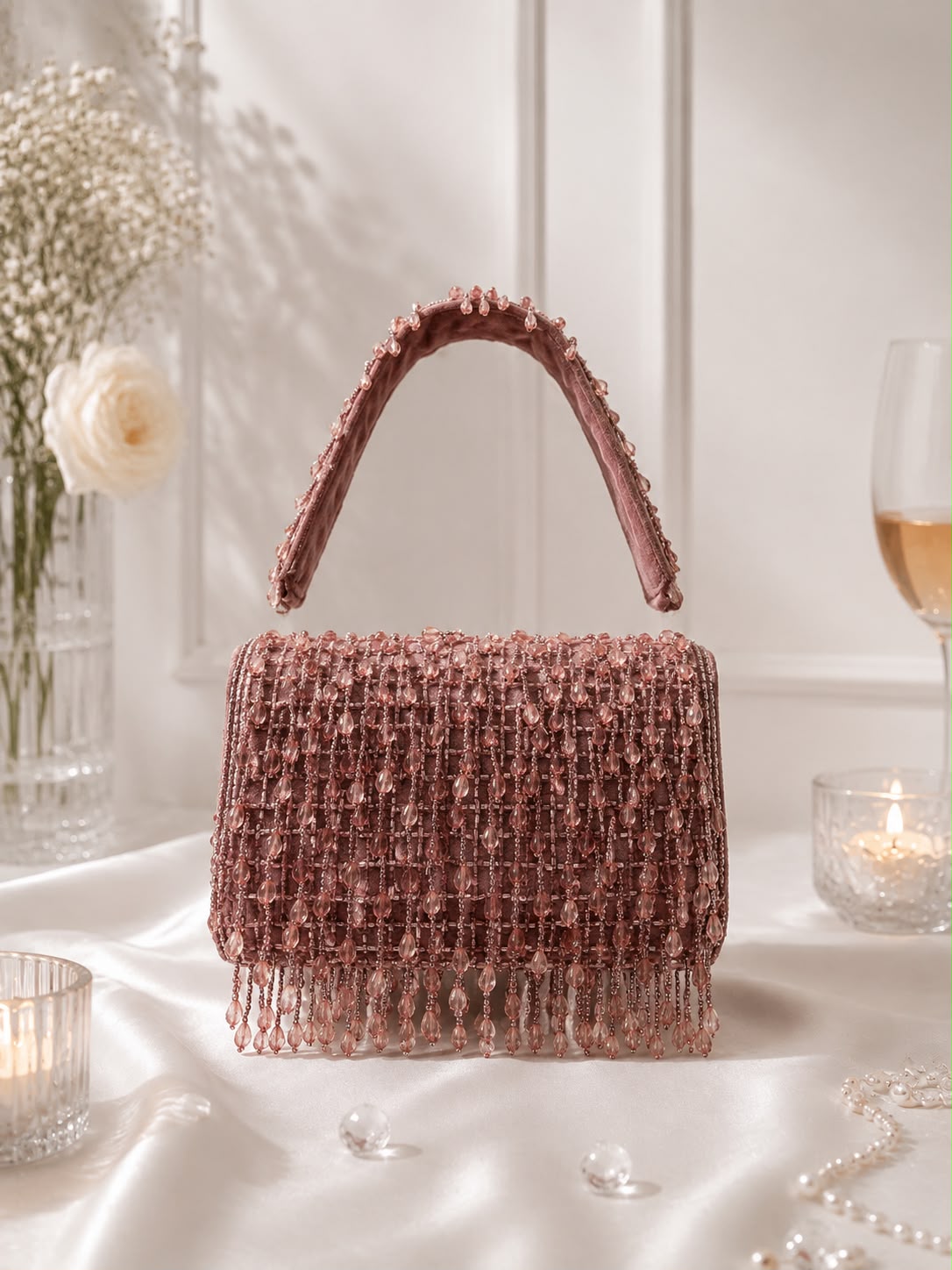 Beaded Fringe Top-Handle Bag - Mauve Pink - front view close up