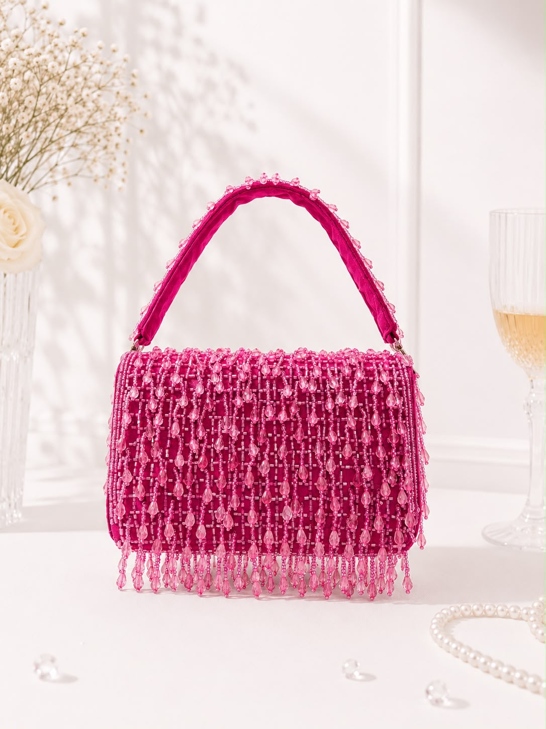Beaded Fringe Top-Handle Bag - Hot Pink - front view