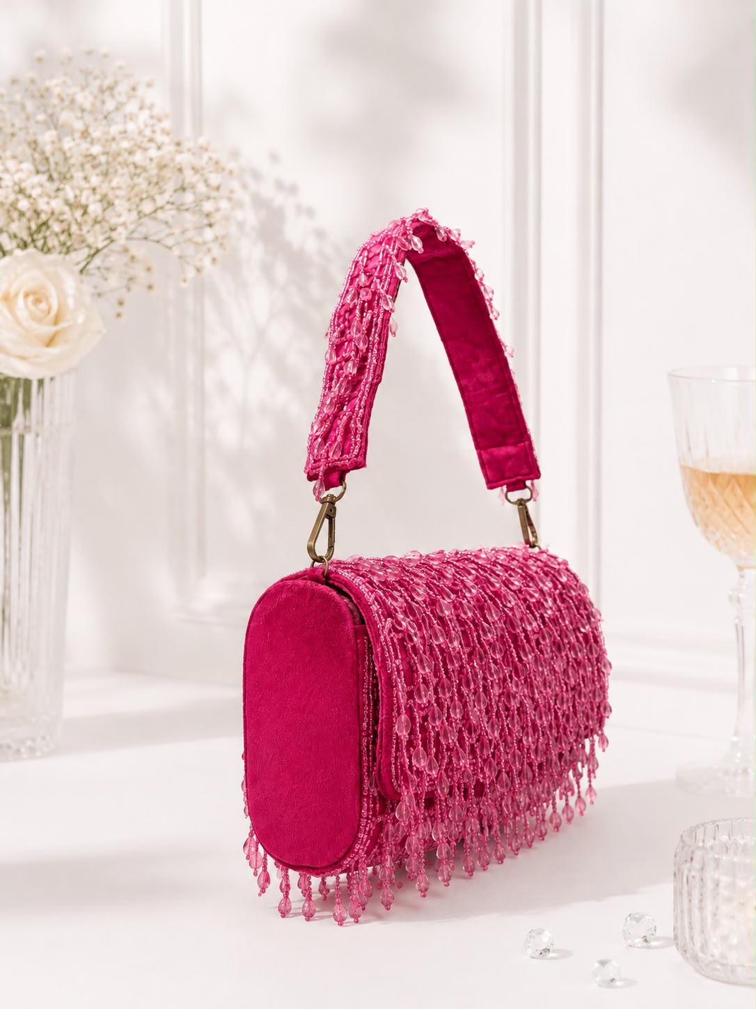 Beaded Fringe Top-Handle Bag - Hot Pink - side view