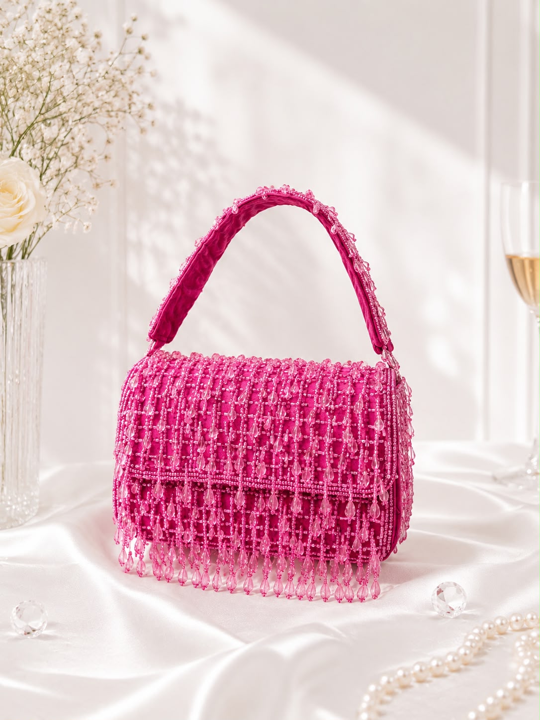 Beaded Fringe Top-Handle Bag - Hot Pink - front view close up