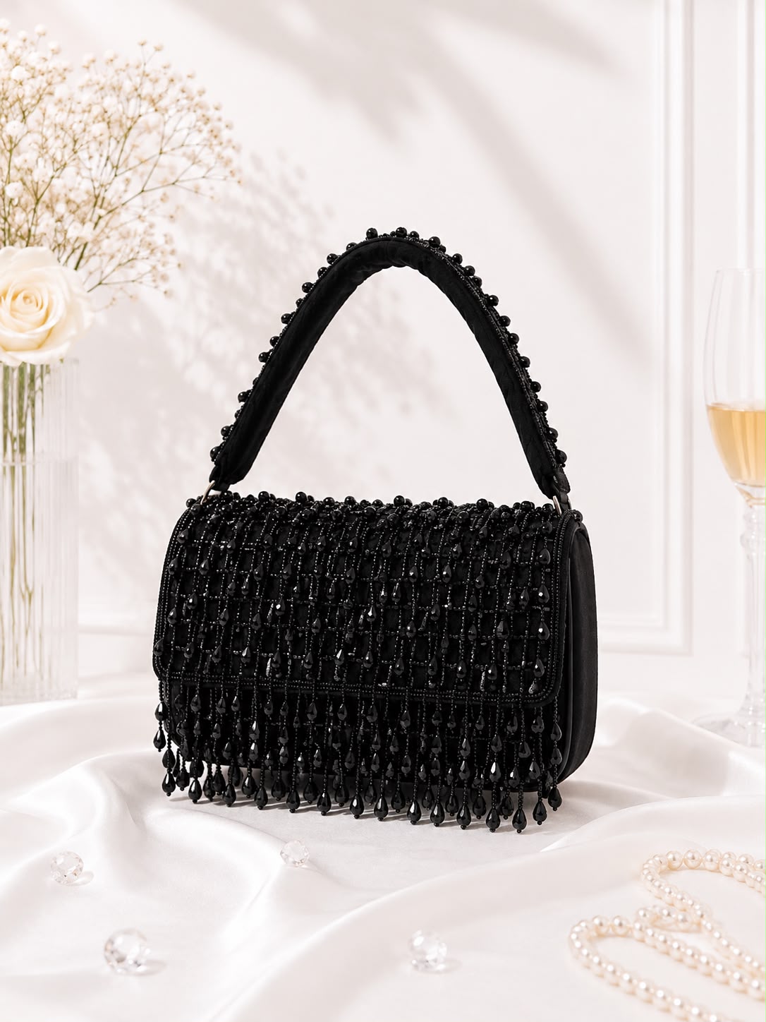 Beaded Fringe Top-Handle Bag - Black - front view close up